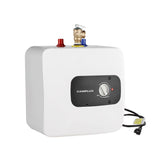 A 4-gallon electric mini tank water heater with a white body, temperature control knob in the middle.