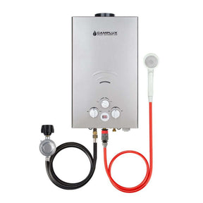 A grey Camplux portable gas water heater with hose, perfect for road trips or outdoor showers.