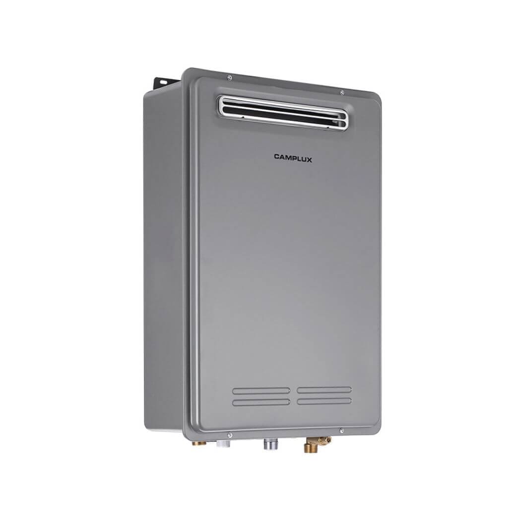 A white background showcases a Camplux 6.86 GPM gas water heater, designed for whole house use.