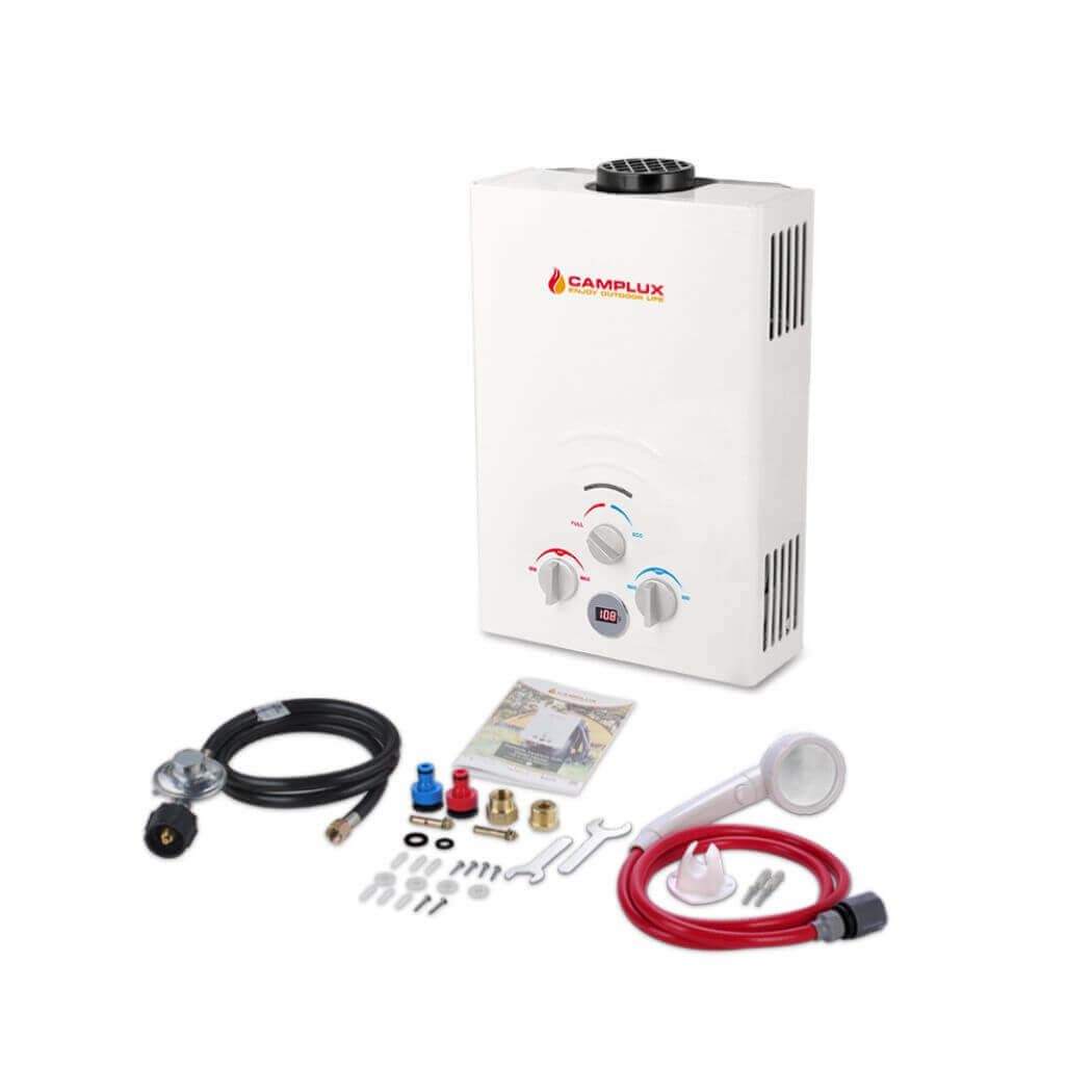 Camplux portable water heater: Compact and efficient solution for hot water on the go.