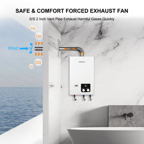 Wind-resistant exhaust system in Camplux indoor instant hot water heater.