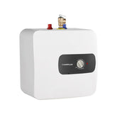 A 6.5 gallon mini tank electric water heater with a white body and blue water inlet and wihte water outket.