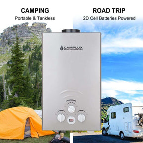 A portable camping water heater and a camper in the background. Ideal for outdoor use.