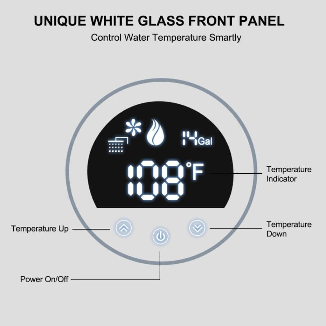 A digital with a unique white glass front panel for temperature and mode control.