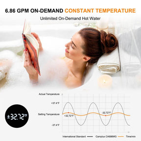 A woman reading in a bathtub, enjoying a relaxing bath supplied by a 6.86 gpm on-demand tankless water heater.