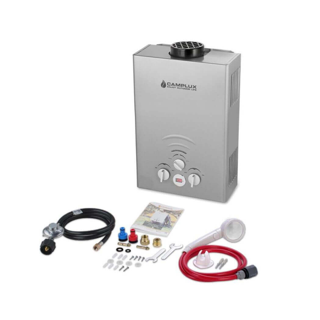 Camplux camping water heater: portable and efficient solution for hot water needs in outdoor adventures.