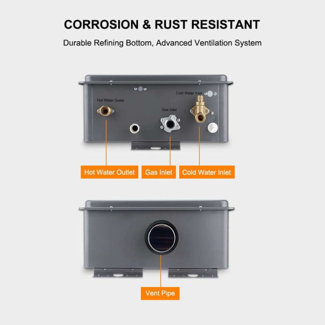 Camplux indoor tankless water heater features a corrosion and rust-resistant design.