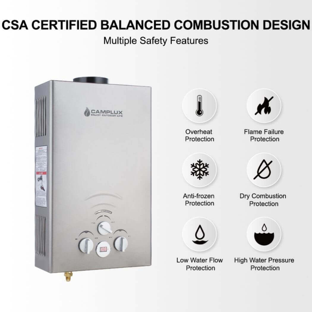 Camplux portable water heater, safe for long term use.