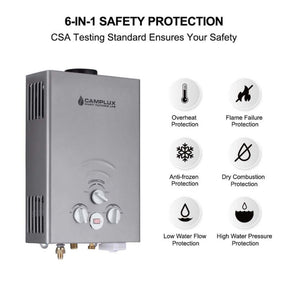 6-in-1 safety protection, CSA testing standard device - Camplux tankless water heater.