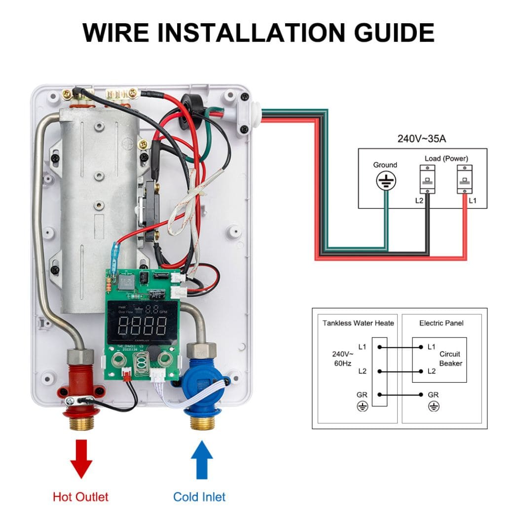 A diagram illustrating the wiring connections for a electric instant hot water heater.