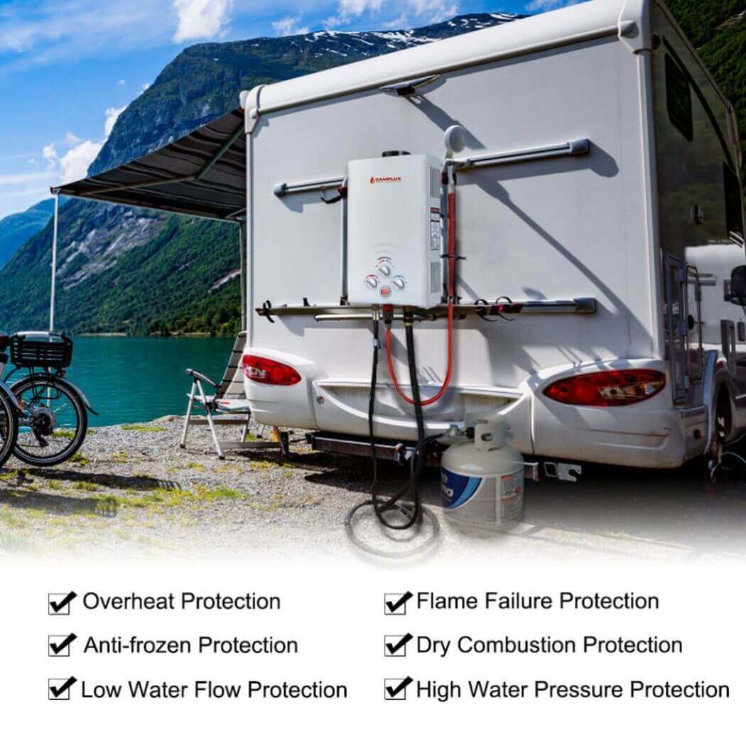 A camper trailer equipped with a Camplux BW211 water heater and a bike.