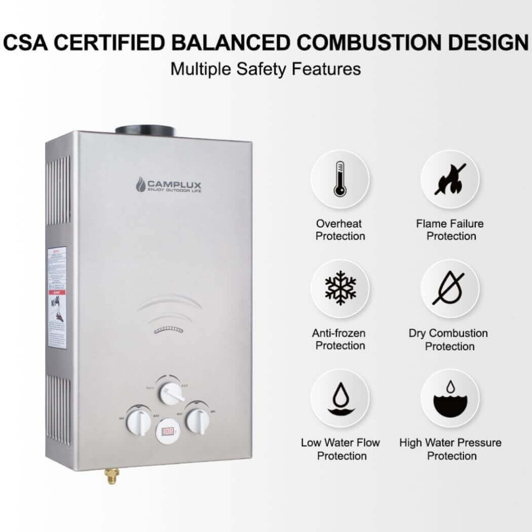 A CSA certified balanced combustion design for the Camplux water heater, ensuring safe and efficient operation.