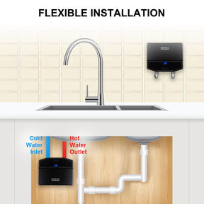 A kitchen sink with camplux water heater, providing convenience for hot and cold water needs.