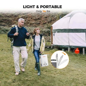 The image showcases a man and woman taking a Camplux camping water heater outside of a tent.