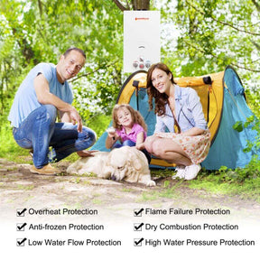 A family sitting in front of their tent with their dog, enjoying the outdoors. Camplux BW264 water heater with multiple protection included.
