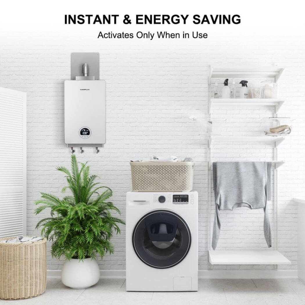 Instant & energy-saving camplux indoor water heater: Activates only when in use.