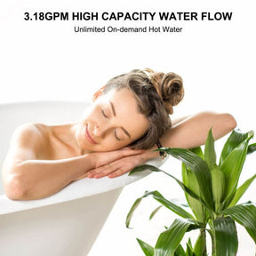 A woman enjoying a soothing bath in a tub, surrounded by a plant for a calming ambiance.