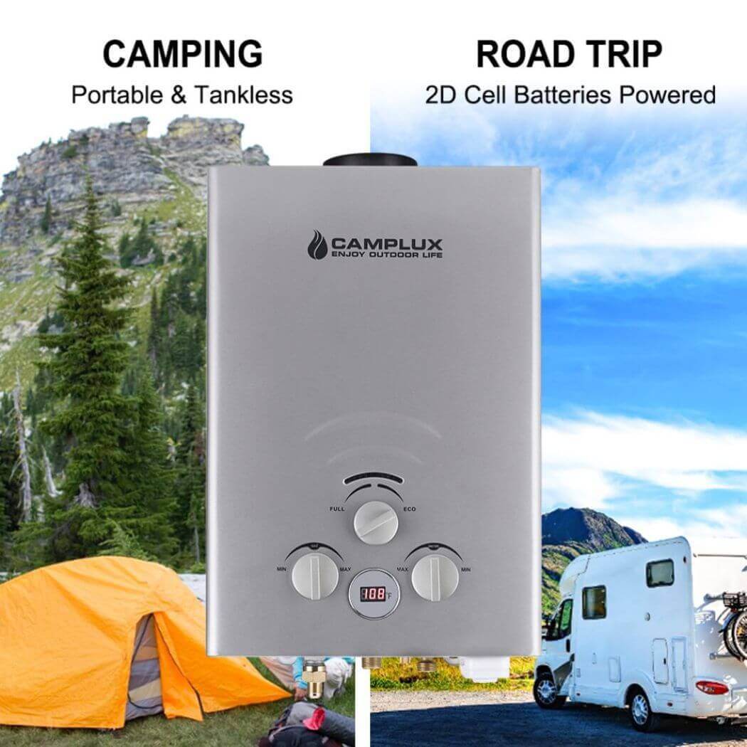 A tent and a RV vehicle with Camplux tankless water heater in the middle, ready for an outdoor adventure.