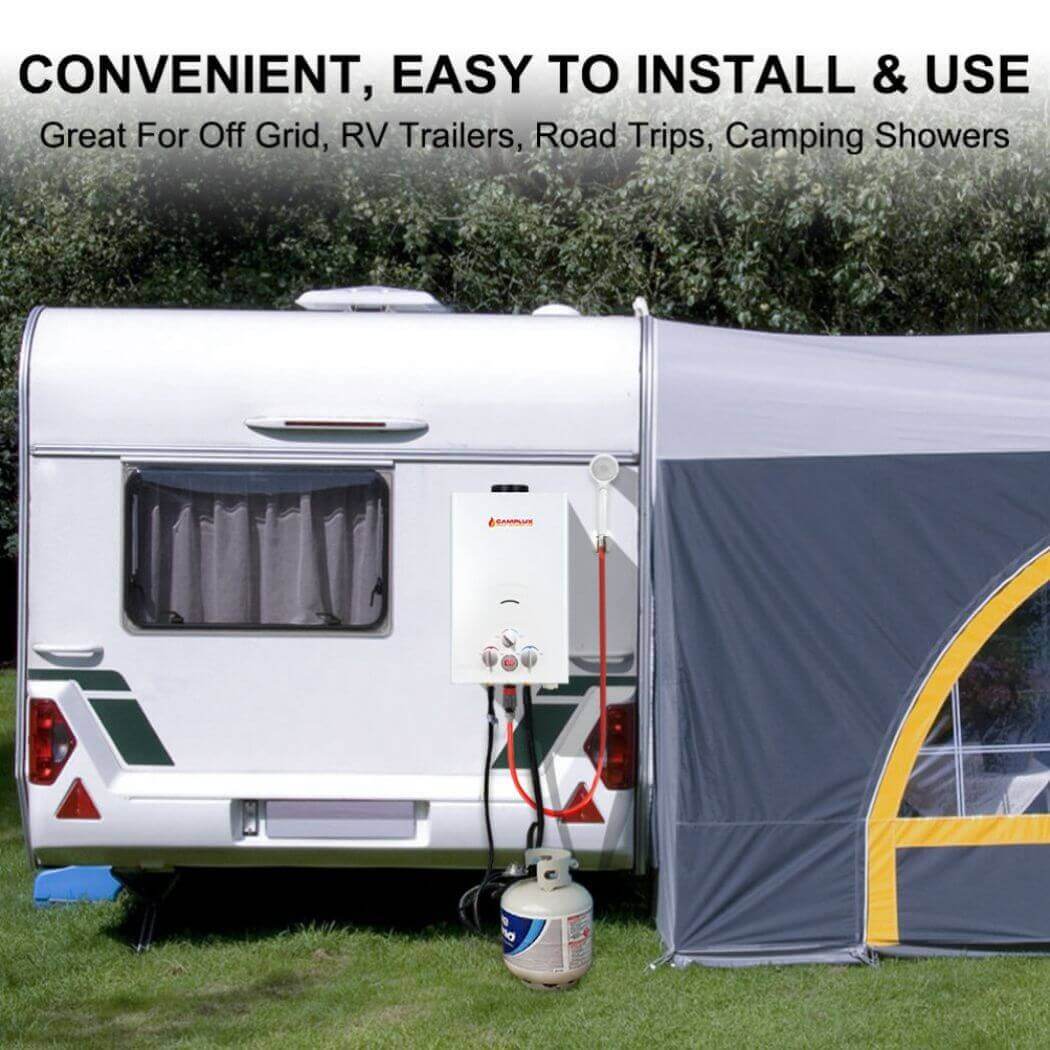 A camper trailer with a tent and a Camplux water heater, providing comfort and convenience for outdoor adventures.