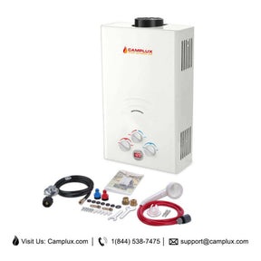 The image shows the Camplux BW264 water heater, a portable unit with all accessories included in the package.