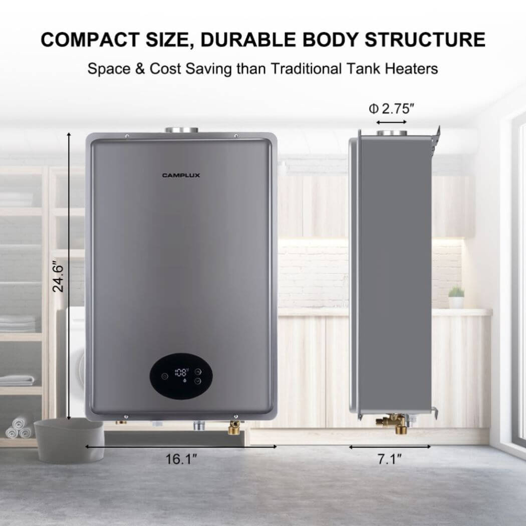 A compact and durable body structure of camplux indoor water heater is depicted in the image.