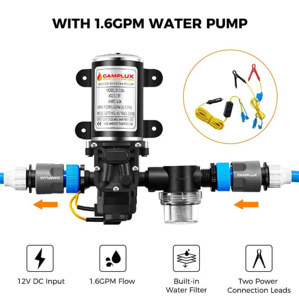 Camplux 1.6 gpm water pump with built-in water filtration system.
