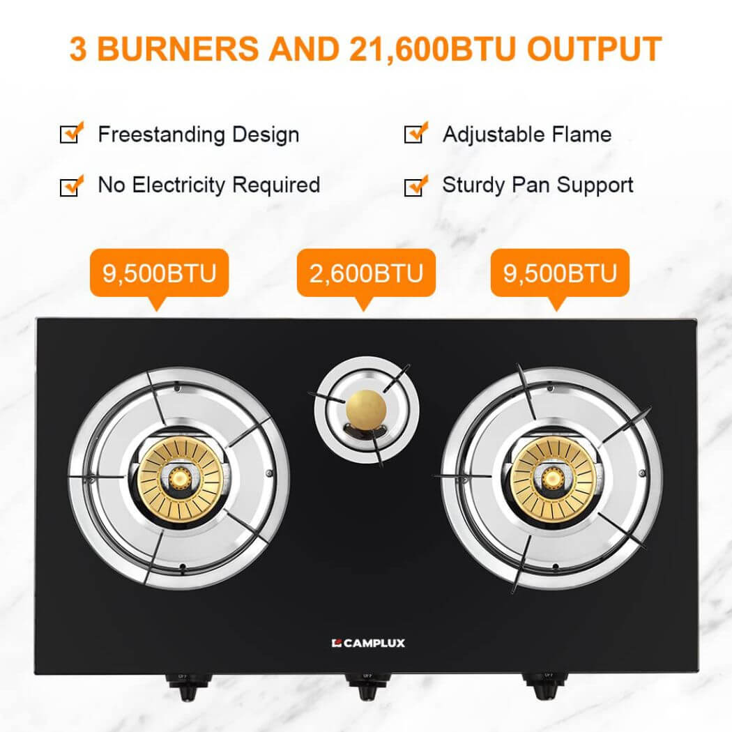 Cuisinière à gaz propane Camplux avec 21 600 BTU, cuisinière au propane à 3 brûleurs, cuisinière de camping en verre trempé 