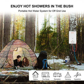 A couple in a tent with a portable Camplux water heater hanging on a tree. Convenient heating solution for camping.