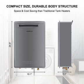 The image portrays the camplux outdoor water heater's body structure that is both compact and long-lasting.