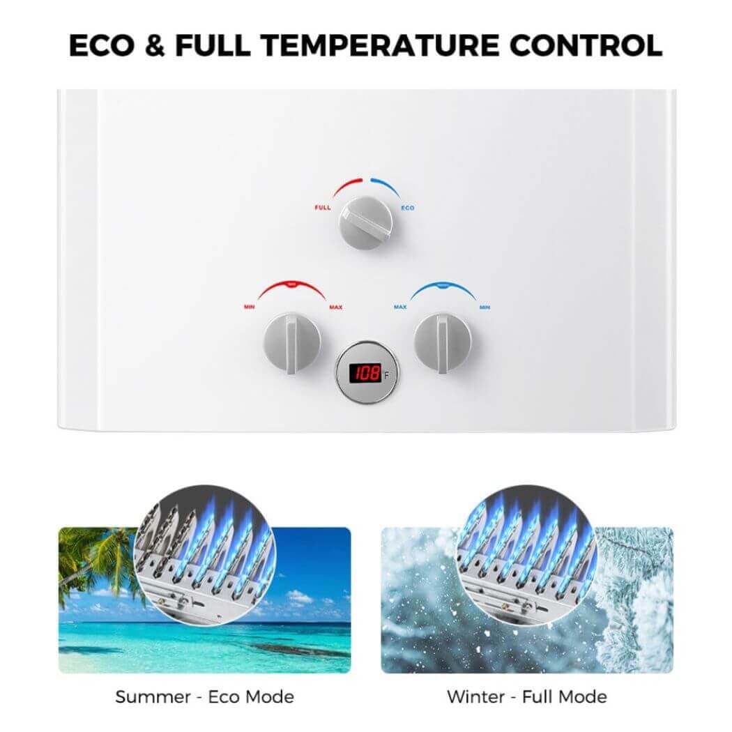 Eco to full temperature control from a knob on a Camplux water heater, allowing for precise temperature adjustments throughout the seasons.