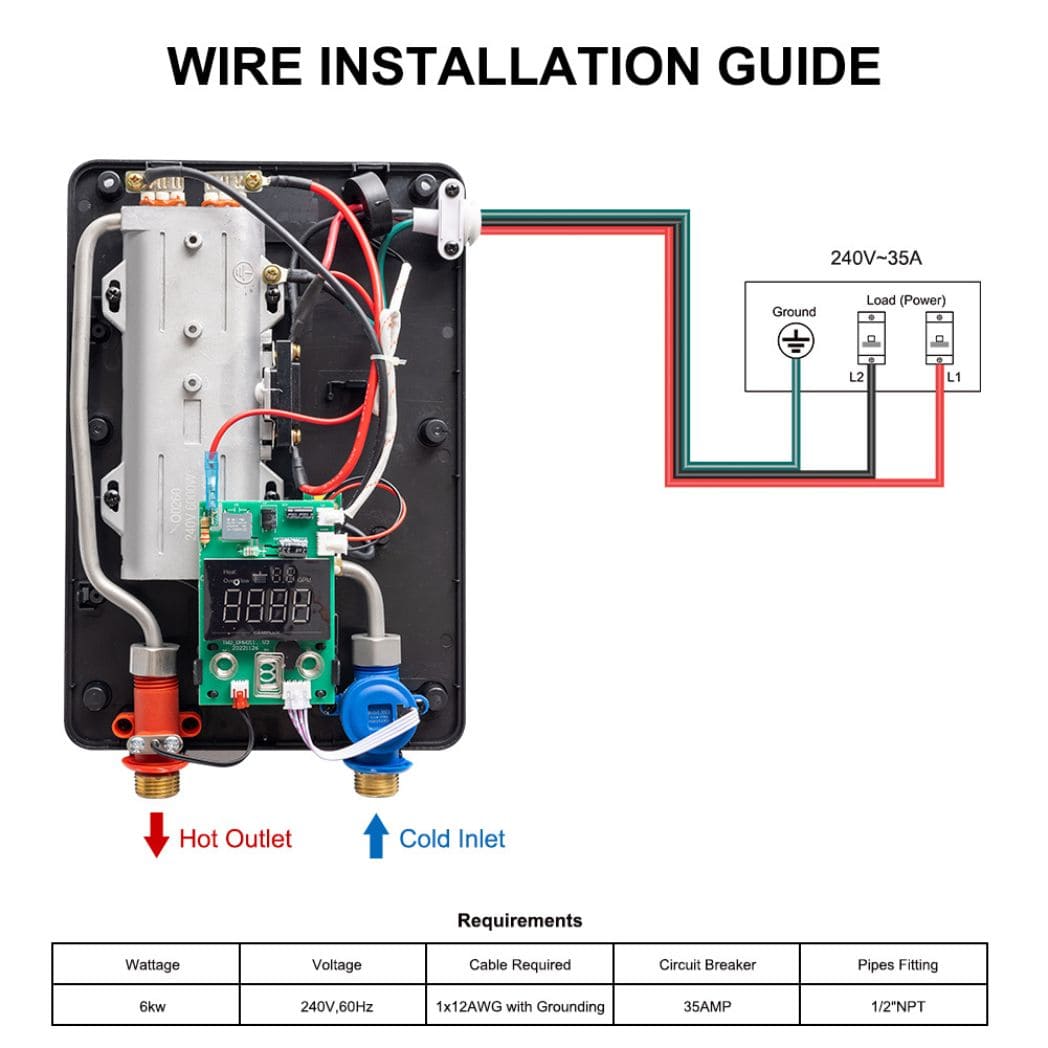 A diagram showing the electrical connections and wiring layout for a water heater.