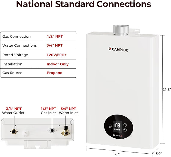 CAMPLUX Tankless Water Heater Propane Indoor, Up to 2.64 GPM 68,000 BTU