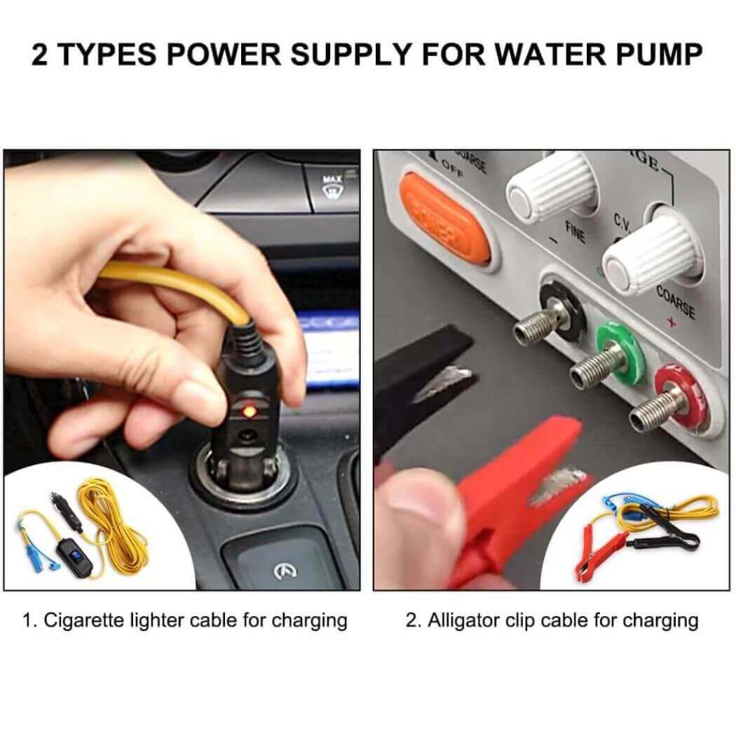 2 types power charging methods for the water pump, cigarette lighter cable charging and alligator clip cable charging.