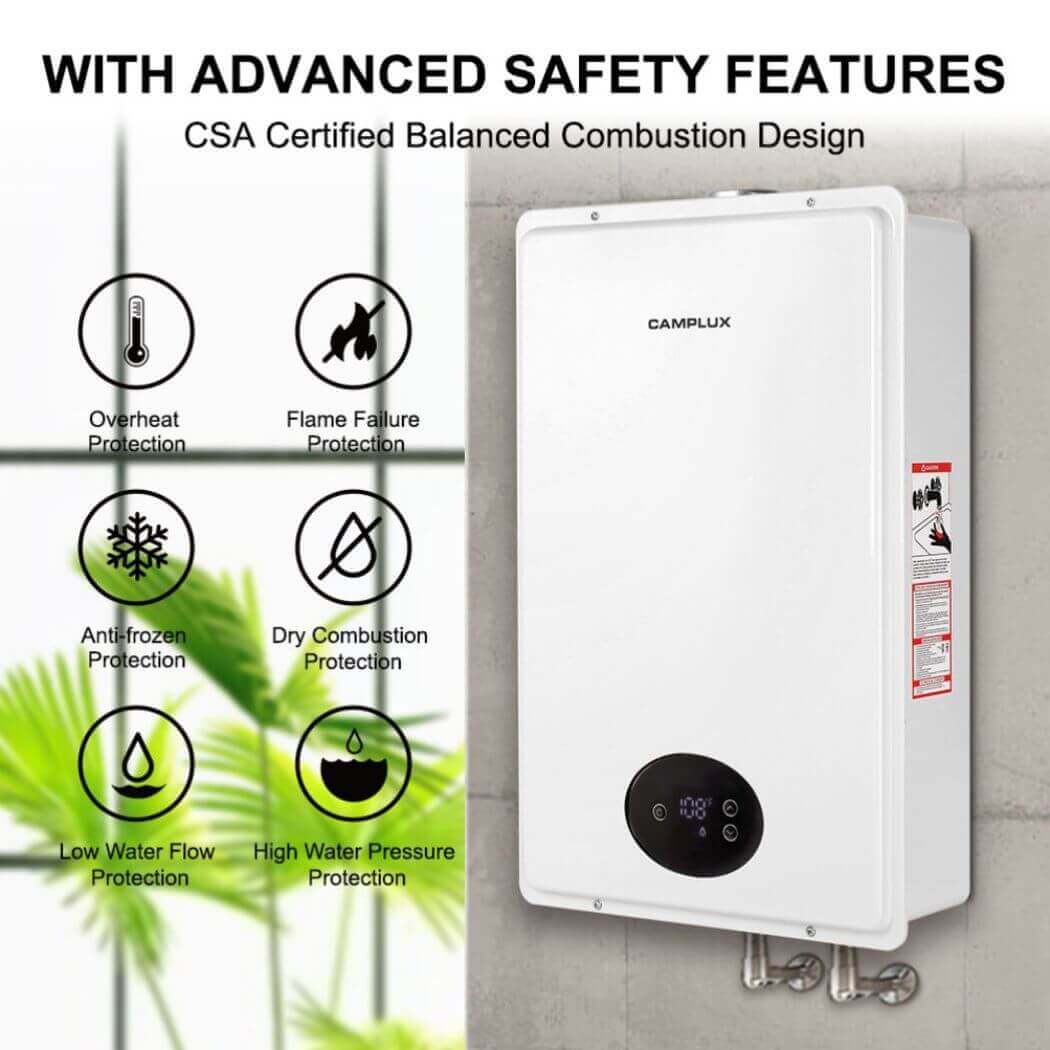Multiple safety features and CSA certified balanced combustion design tankless water heater.