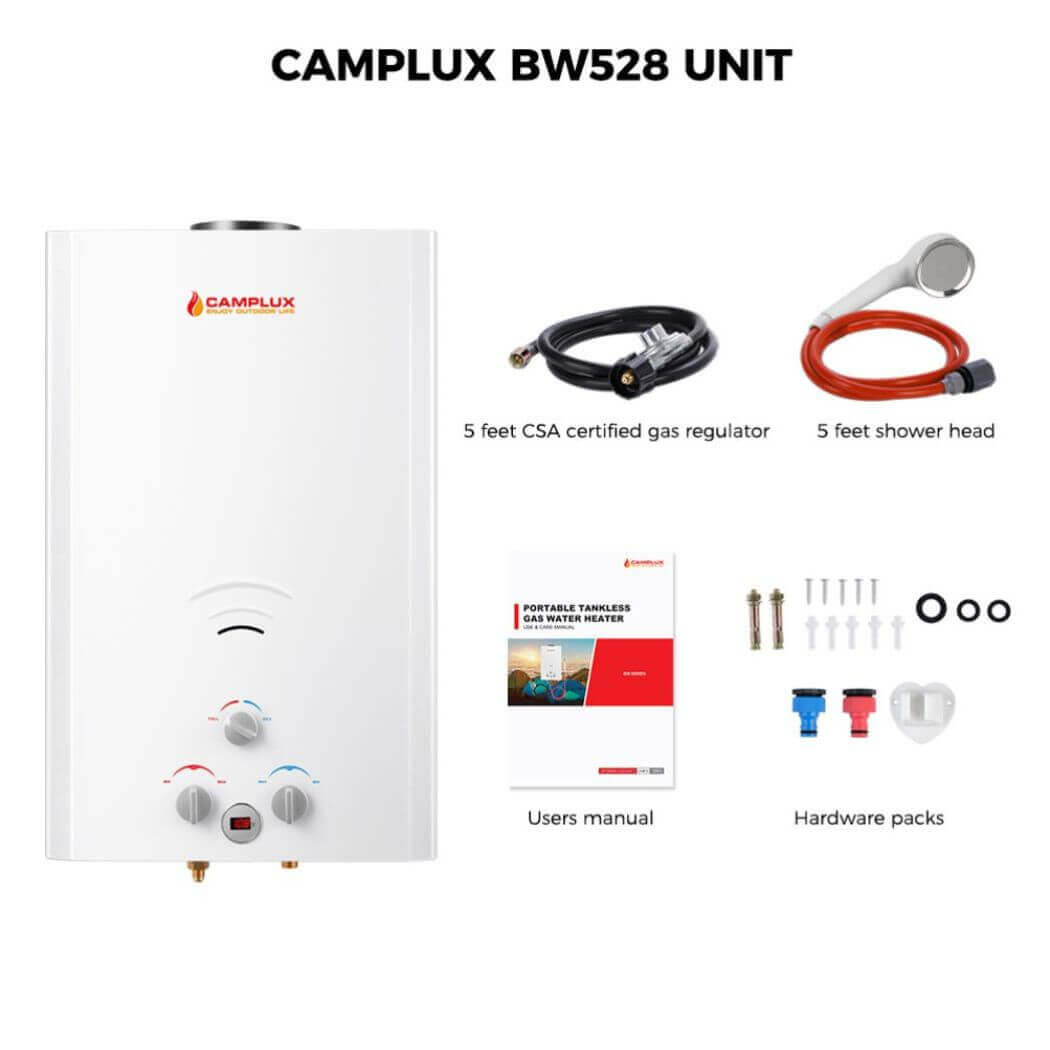 Camplux BW528 unit with accessories included in the package.
