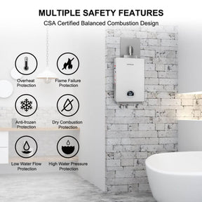 Multiple safety features, efficient water heater designed for residential use.