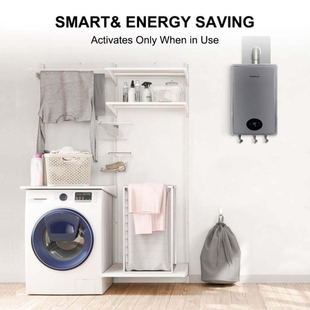 Img shows a laundry room featuring a Smart & energy-saving Camplux water heater with a sleek and efficient design.
