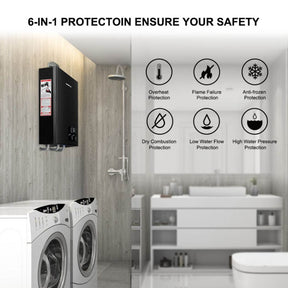 A bathroom with a washing machine and dryer. Multi protection water heater ensures safety and efficiency.