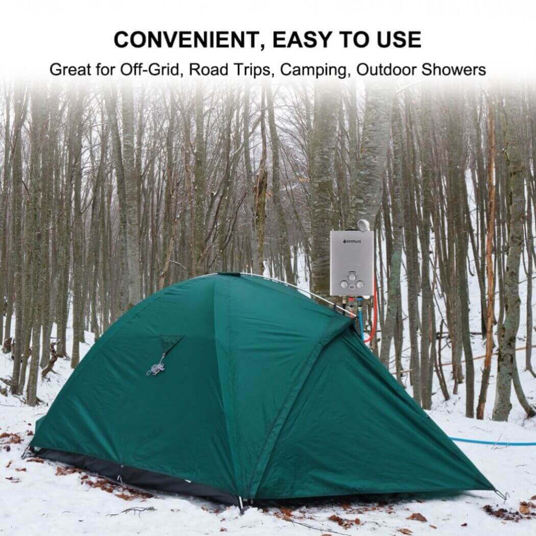 A convenient and user-friendly tent nestled in the serene woods with a Camplux camping water heater on the tree.