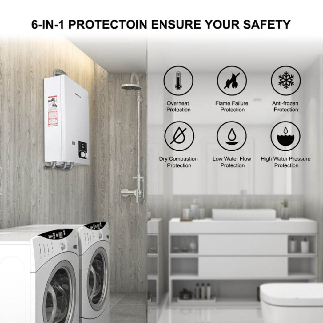 A washing machine and a 6-in-1 protection tankless water heater, ensuring safety.
