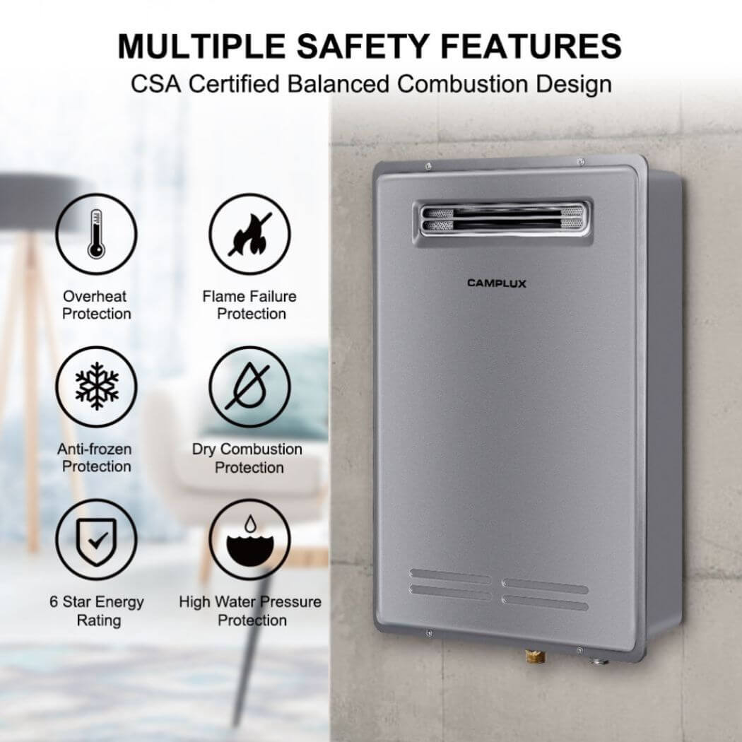 The image showcases the water heater's multi safety features, including overheat protection, flame failure protection, and anti-frozen protection.