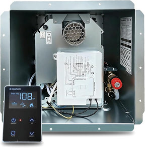 An open metal water heater control cabinet showing internal components, including a white control board, wiring, a vent grille, and a red valve. A small black digital control panel with buttons and a display is shown in the lower left corner.
