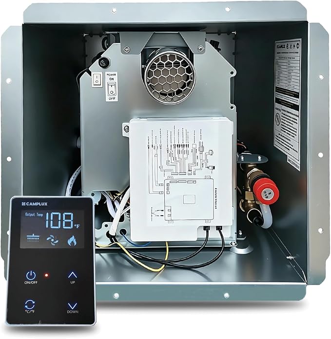 An open metal water heater control cabinet showing internal components, including a white control board, wiring, a vent grille, and a red valve. A small black digital control panel with buttons and a display is shown in the lower left corner.