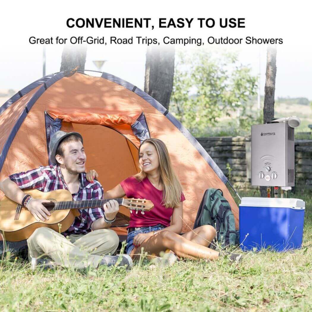 A couple having fun outside of a tent with a cooler and Camplux outdoor water heater right above.