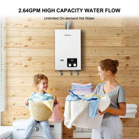 Camplux indoor hot water heater provides endless hot water with high flow capacity.