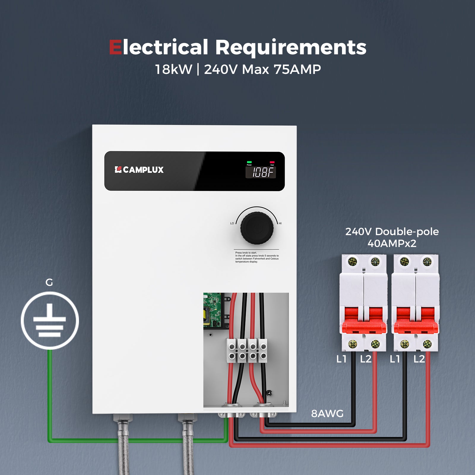 Camplux On Demand Electric Tankless Water Heater 18kW | White