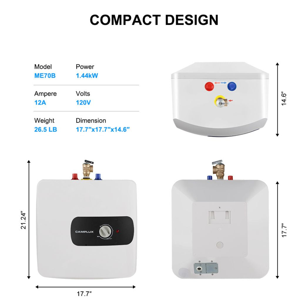 Specific dimensions for the 6.5 gallon indoor mini tank water heater, perfect for limited space.