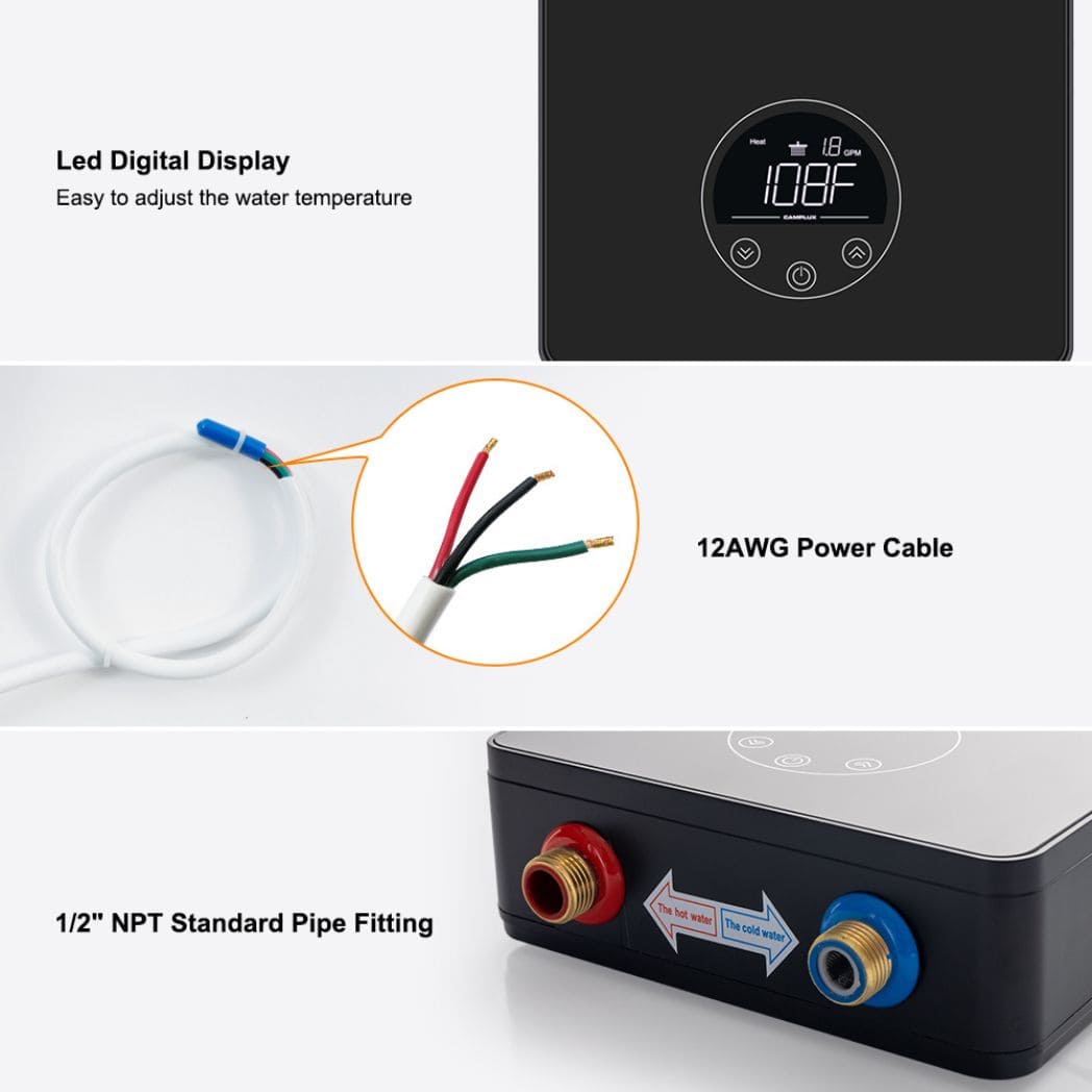 Easy digital display of the electric water heater, standard power cable and pipe fitting.