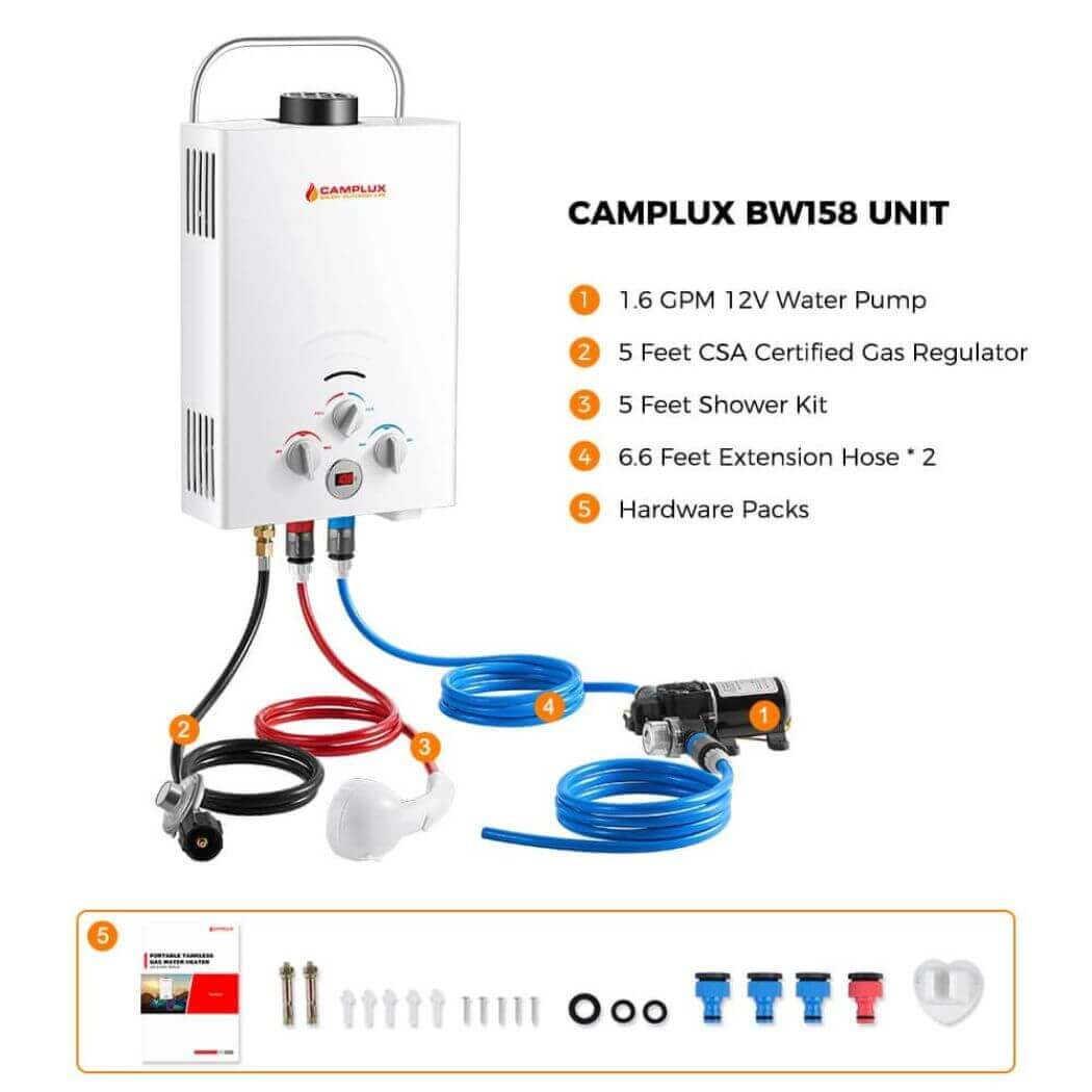 A compact and efficient water heater, the Camplux BW158P60 water heater provides a complete set for your camping needs.