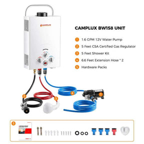 A compact and efficient water heater, the Camplux BW158P60 water heater provides a complete set for your camping needs.